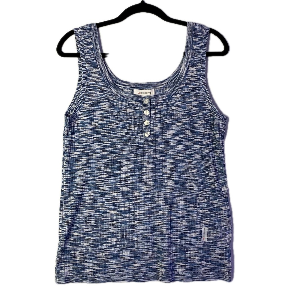 Liz Claiborne Henley Tank Top Women XL Blue Space Dye Excellent Ribbed Knit